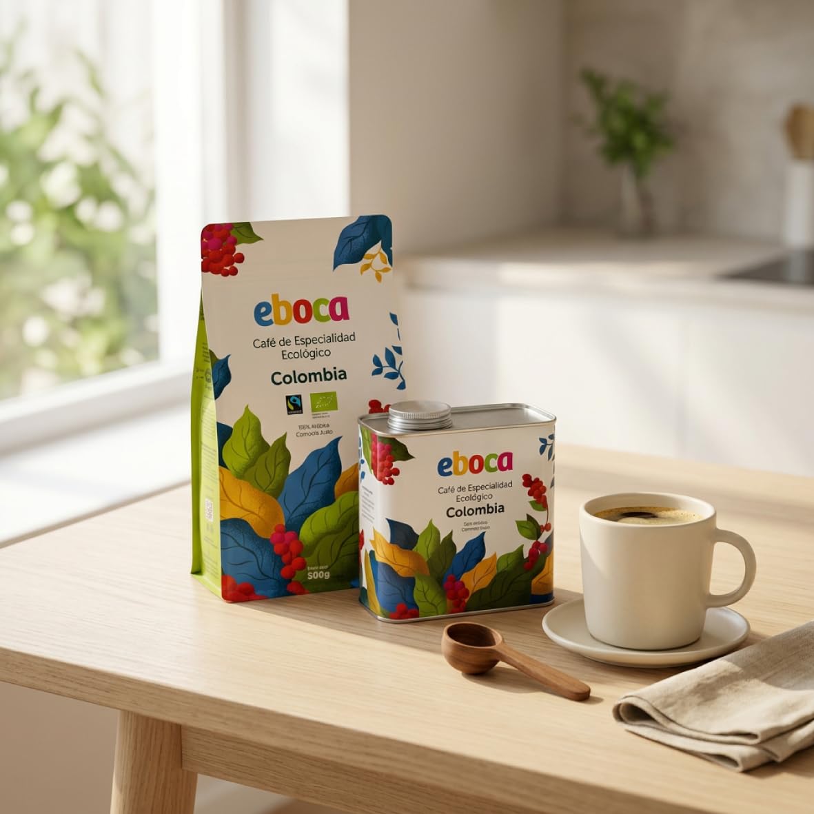 EBOCA Café en Grano Ecológico 1kg (2x500g) – 100% Arábica de Especialidad, Origen Colombia, Comercio Justo (Fairtrade), Tostado Artesanal en Huesca, Tueste Medio para Espresso y Filtro