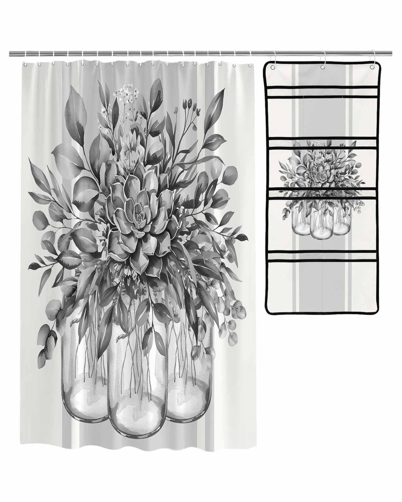 Decorative Shower Curtain Sets Floral Black Gray Fabric Waterproof Shower Curtains Spring Summer Eucalyptus Leaves Grey Striped Mesh