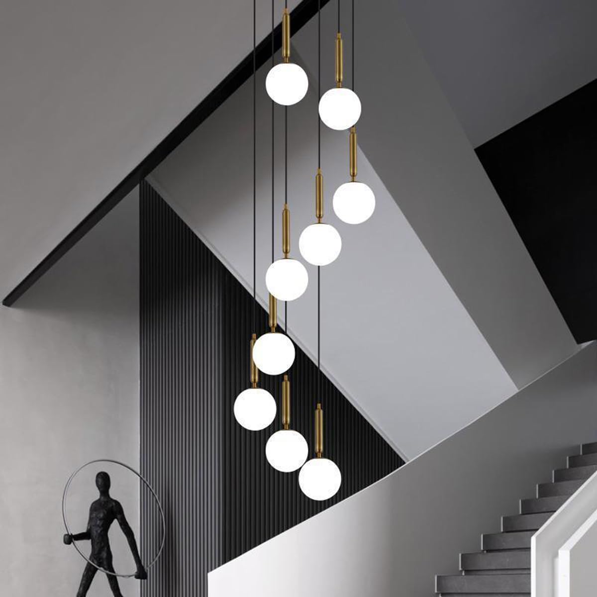VUTNordic Creative Rotating LED Apartment Staircase Chandelier Staircase Chandelier Minimalist Villa Duplex Living Room(Size:D20CM 3 heads,Color:gold)