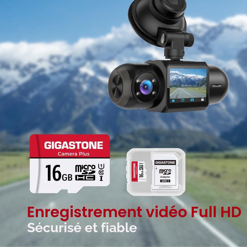 Gigastone Carte Mémoire 16 Go Lot de 2 Cartes, Caméra Plus Série, Vitesse allant jusqu'à 85 Mo/s. idéal pour Full HD Vidéo Gopro Caméra Drone, U1 C10 Carte Micro SDHC avec Mini étui et Adaptateur SD.