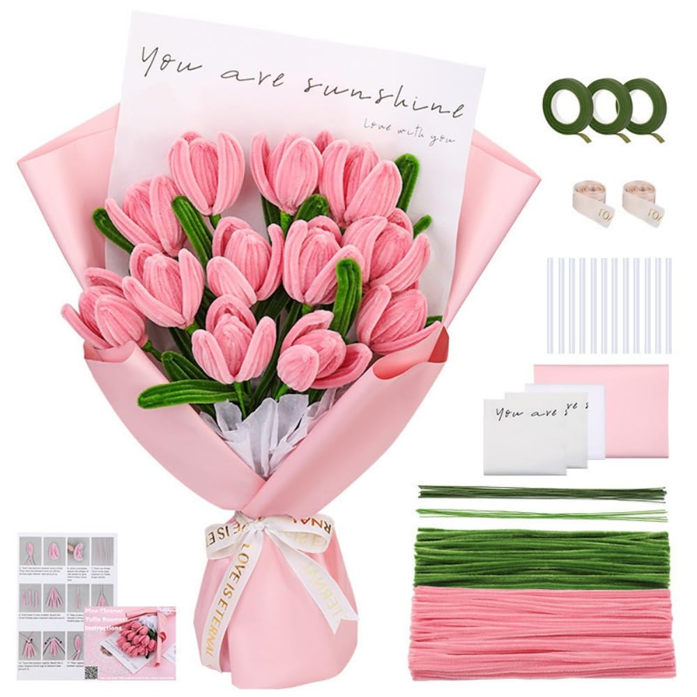 DIY Tulip Bouquet Craft Kit, available in pink and purple, with pipe cleaner and accessories (pink)