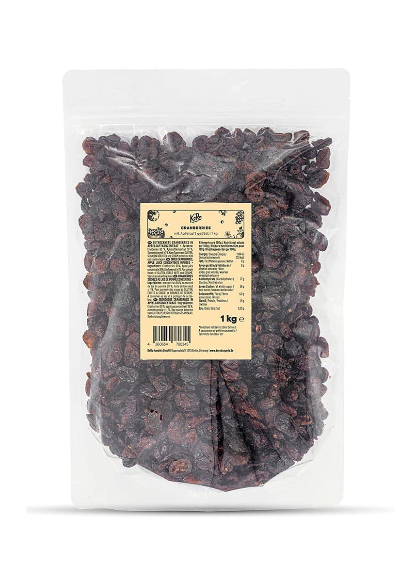 KoRo - Mirtilli rossi dolcificati al succo di mela 1 kg - frutta essiccata con succo di mela - per topping o come snack - confezione convenienza
