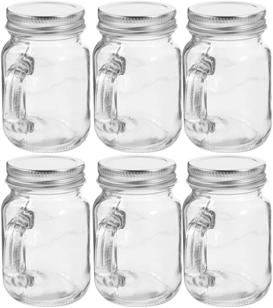 BESTYASH 6pcs Glass Jam Jars with Handles and Lids Airtight Sealing Portable Multifunctional Design Glass Containers for Beverages Desserts and Outdoor Activities