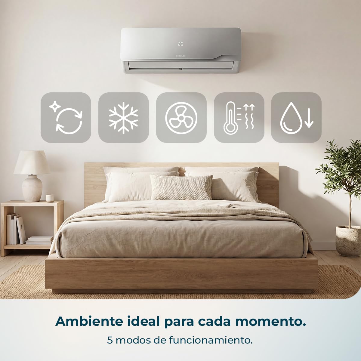Cecotec Aire Acondicionado Split AirClima 12000 Wind Connected. Inverter, 12000 BTU, Bomba de Calor, 5 Modos, Clase A++; Deshumidificador 21,6 L/día, Pantalla LED, Temporizador 24h, Filtro Lavable