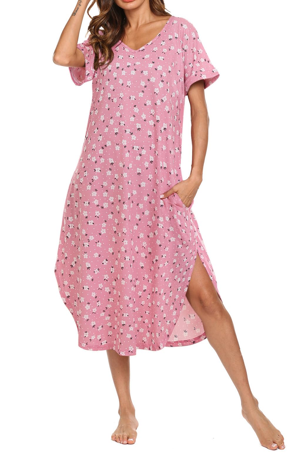 AVIIER Cotton Nightgowns for Women Short Sleeve House Dress Long Night Gown with Pockets S-XXL