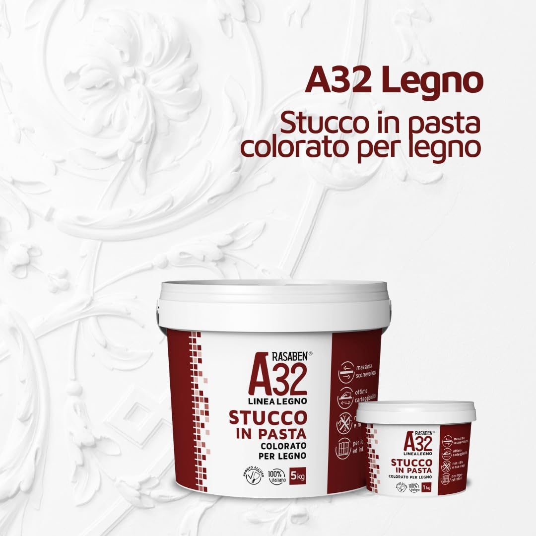 RASABEN - Stucco in Pasta A32 Color Ciliegio, Specifico per Legno, Pronto all'Uso, per Mobili e Infissi, Uso Interno, Made in Italy, da 0,5kg