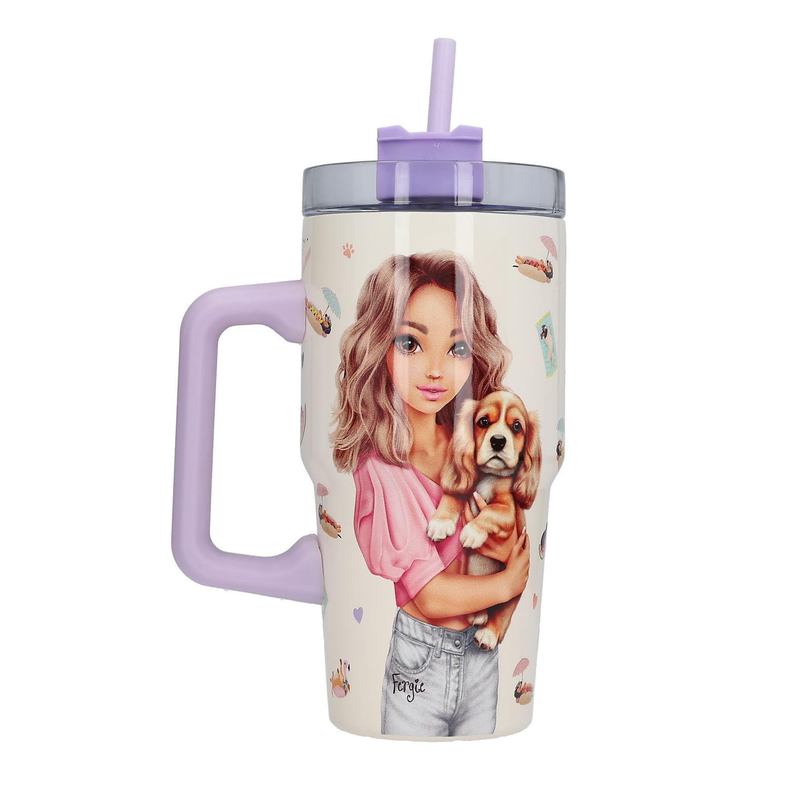 Depesche 13966 TOPModel Sunny Dog - to-Go Becher aus Edelstahl, in Lila und Weiß, Model Motiv und Hunde-Muster, Getränkebecher mit Strohhalm, Isolierung und Griff, Fassungsv. ca. 500 ml