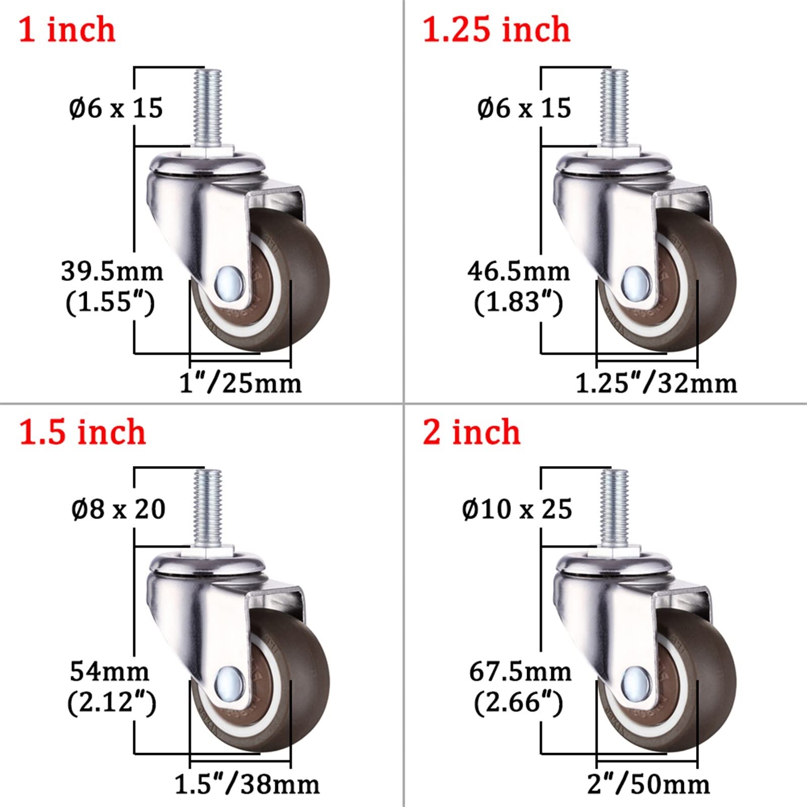 Zestaw 4 niebieskich gumowych kółek obrotowych o 360 stopni (B1244,1 PC 1,5 cala)