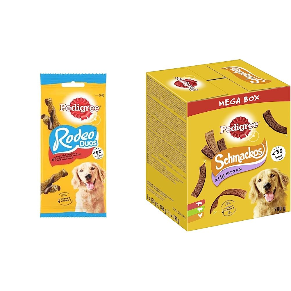 Pedigree Rodeo Duos Récompenses au bœuf et saveur Fromage pour Chien, Lot de 10 sachets de 7 friandises & Schmackos Mega Box – Récompenses Multi Mix Saveurs pour Chien – 790 g