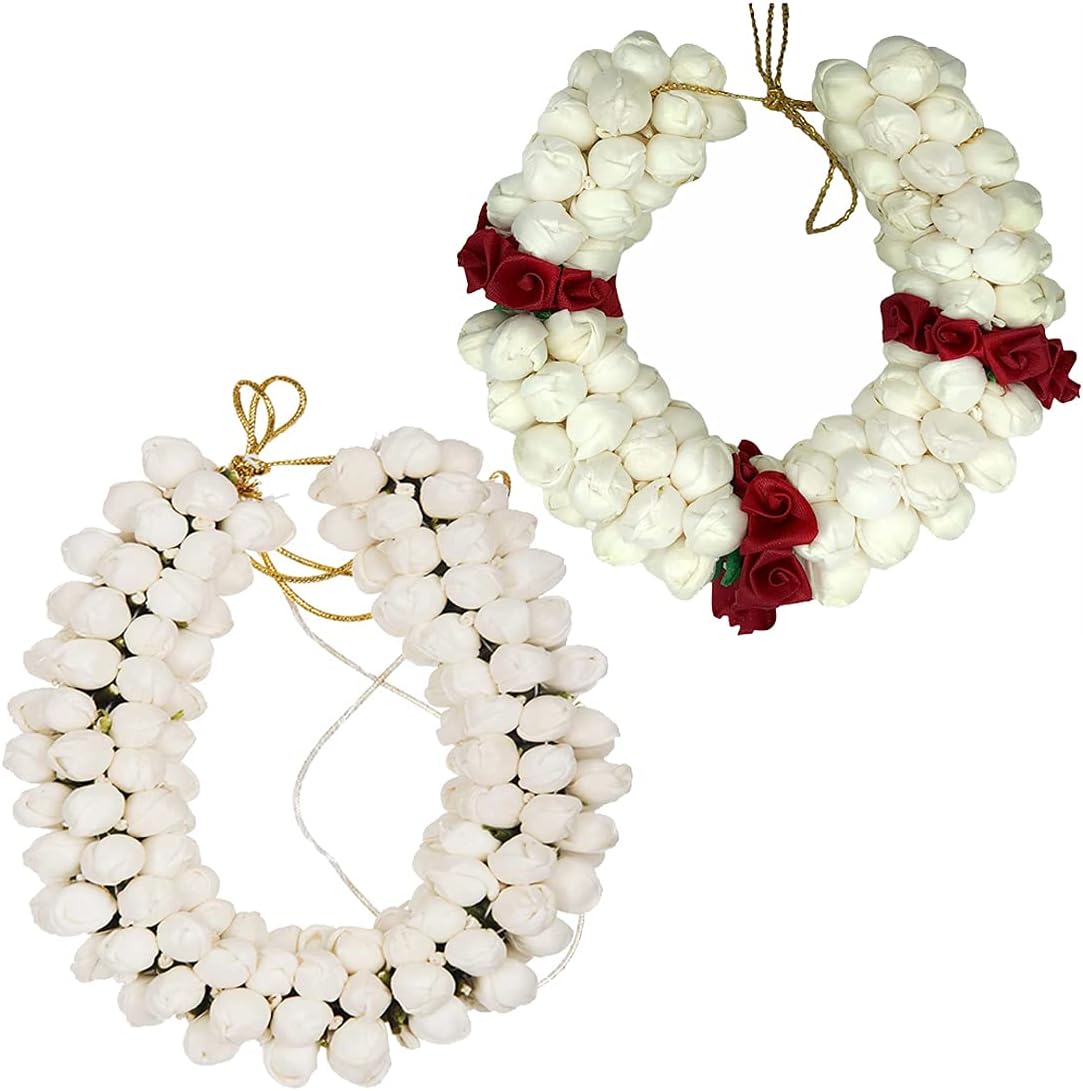 Hair Gajra in Artificial Jasmine Mogra Flower, Garland Juda Decoration Phool Gazra for Women, Juda Bun Realistic Hair Accessory for Girls (28 CM Long, RED & WHITE, Pack of 2)