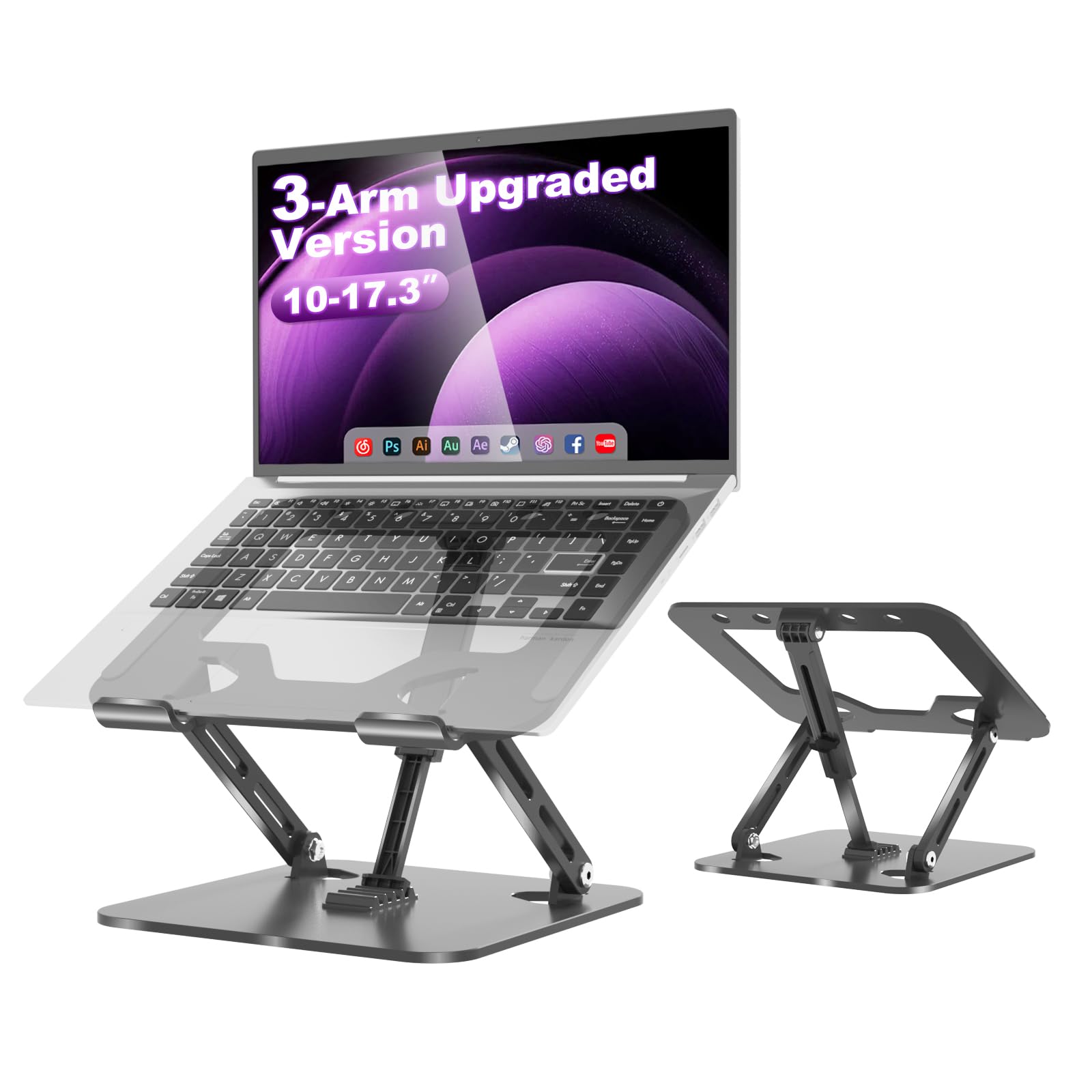 Adjustable Laptop Stand for Desk Portable Laptop Riser with 3 Support Arms Super Sturdy Foldable Metal Ventilated Ergonomic