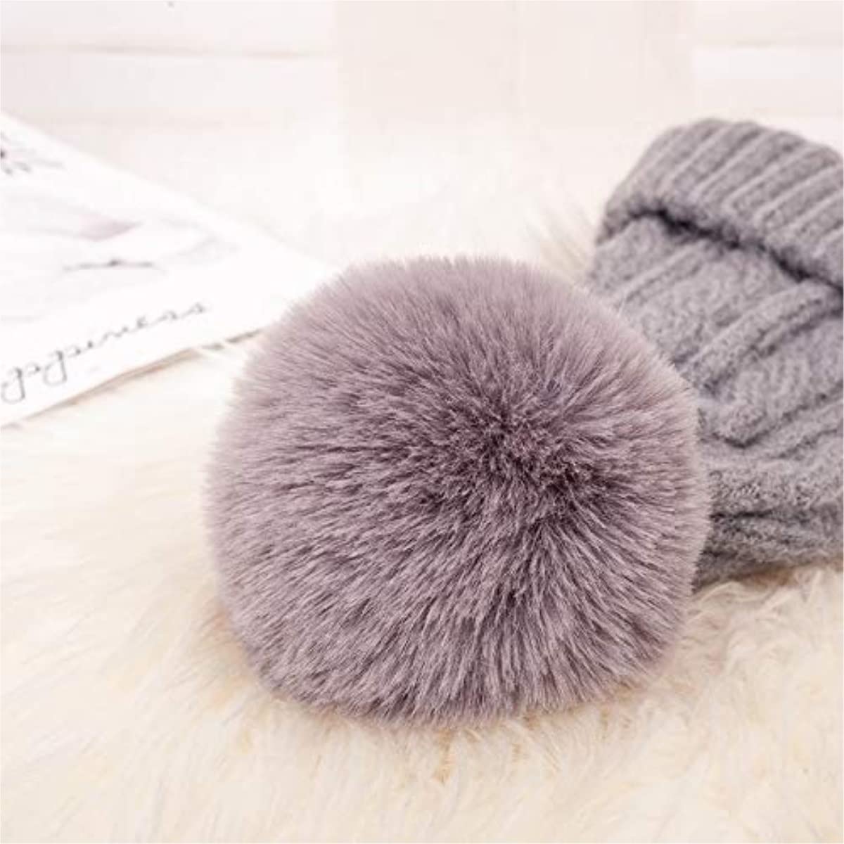 Gorro de Lana de Invierno Suave, Holgado, cálido, con puños para Mujer, Gorros de Punto con pompón Falso (Talla única)