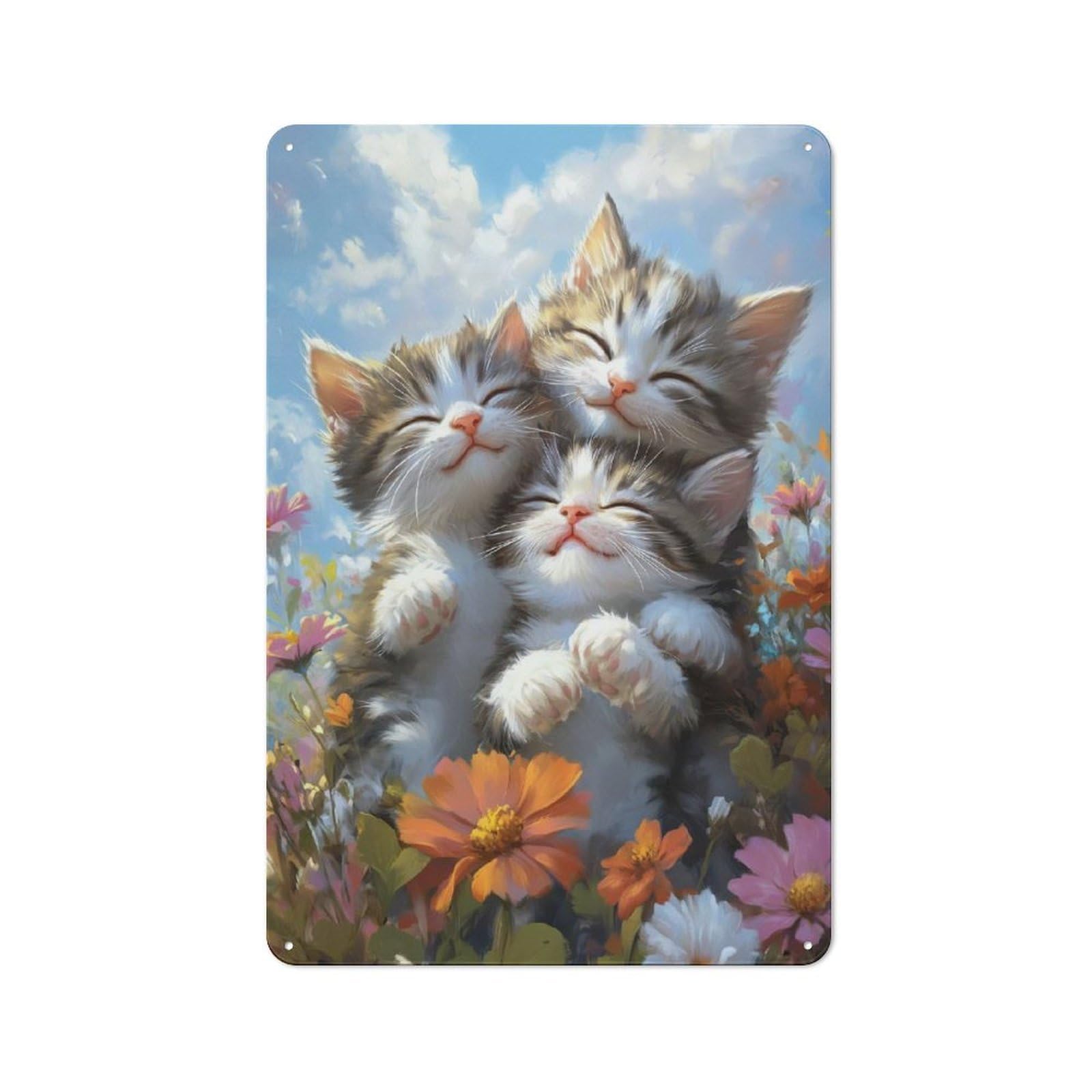 Junmoney Style-24 Three Kittens In Flowers Tin Wall Sign 30X20cm, Loft Style Industrial Wall Decor For Loft, Studio, Office Or Creative Room