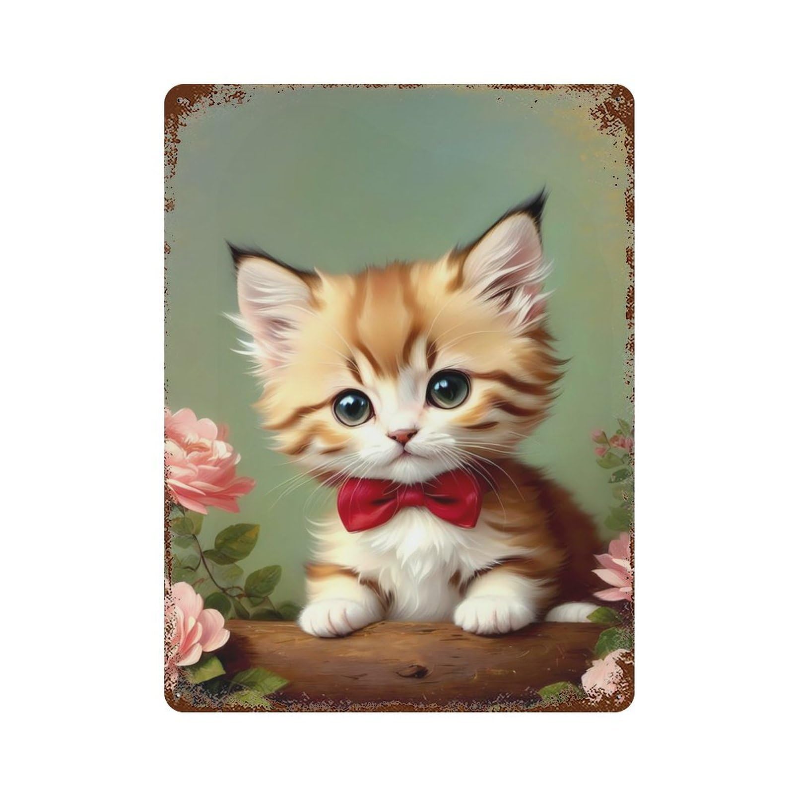 Vintage Rust Metal Sign with Vintage Kitten with Bowtie Design 15.7"x11.8", for Garage, Bar And Workshop Decor, Retro Wall Decor
