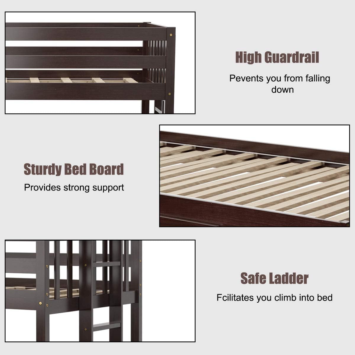 KOMFOTT Wood Twin Over Full Bunk Bed with Trundle, Extendable Twin/Full Bunk Bed Frame with High Guardrail & Safety Ladder, Solid Wood Frame, Pull-Out Bunk Bed for Kid’s Room, Guest Room, Dormitory