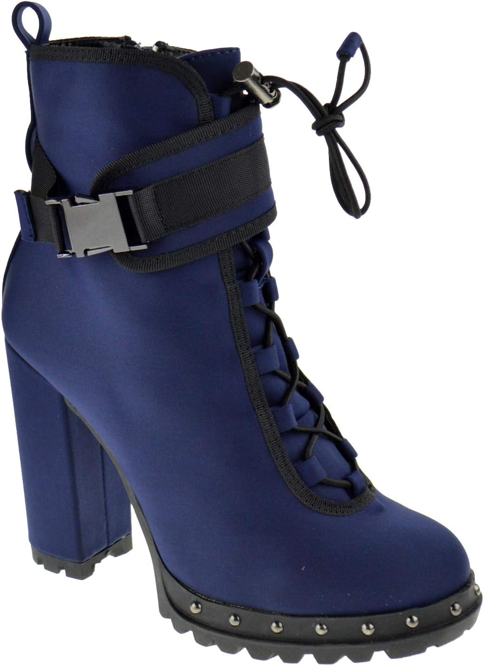PAZZLE Stylish 18 Womens Waterproof Chunky Heel Platform Drawstring Lug Sole Snow Boots Navy 7