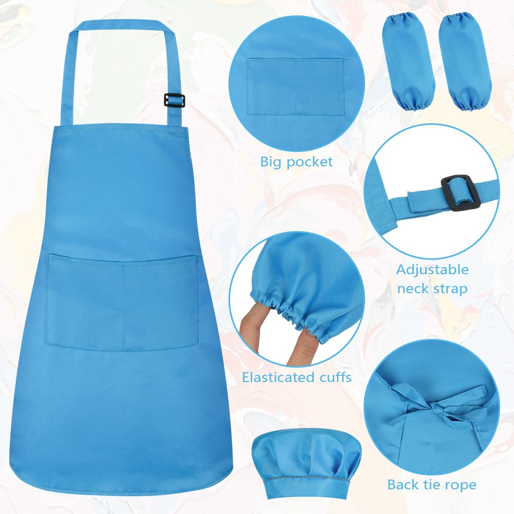 Ainiv Kids Apron and Chef Hat Set, Blue Adjustable Kids Chef Outfit with 2 Sleeves, Kids Aprons for Cooking with 2 Pockets - Image 3