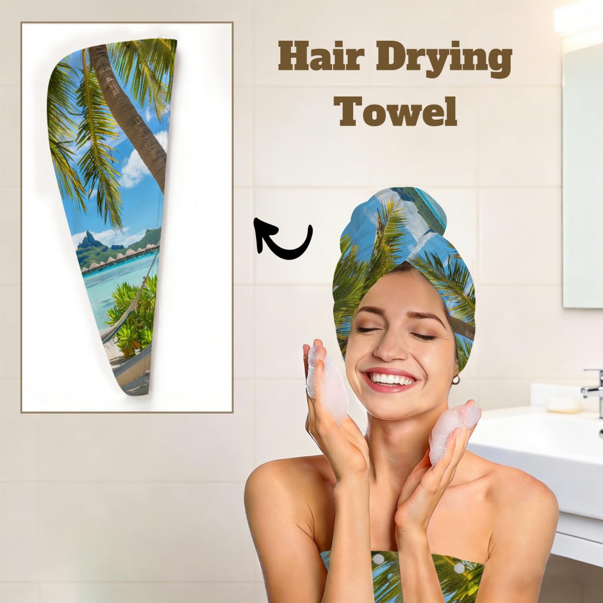 Mikrofaser-Duschtuch für Damen, mit Haar-Handtuch, Ozean, Strand, Palmen, tropische Insel, Meer, weiche Körperwickel, Kleid mit Haartrocknungskappe für Strand, Pool, Spa, 2 Sets