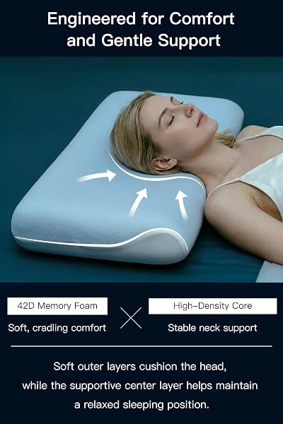 AOYANEI 【Hotel Collection】 Memory Foam Pillow Queen Size, 3-Layer Ergonomic Bed Pillow for Neck Support, PCM Cooling Cover, Pressure Relief for All Sleep Positions (Blue Grey, Queen (30"x16.5"x3.9")) in use