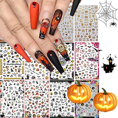 12 Sheets Halloween Nail Stickers Decals, Kalolary Self-Adhesive Nail Art Sticker Decals 3D Design Nail Art Tips Stencil Nail Decorations for Halloween Party Include Pumpkin/Bat/Ghost/Witch/Skull