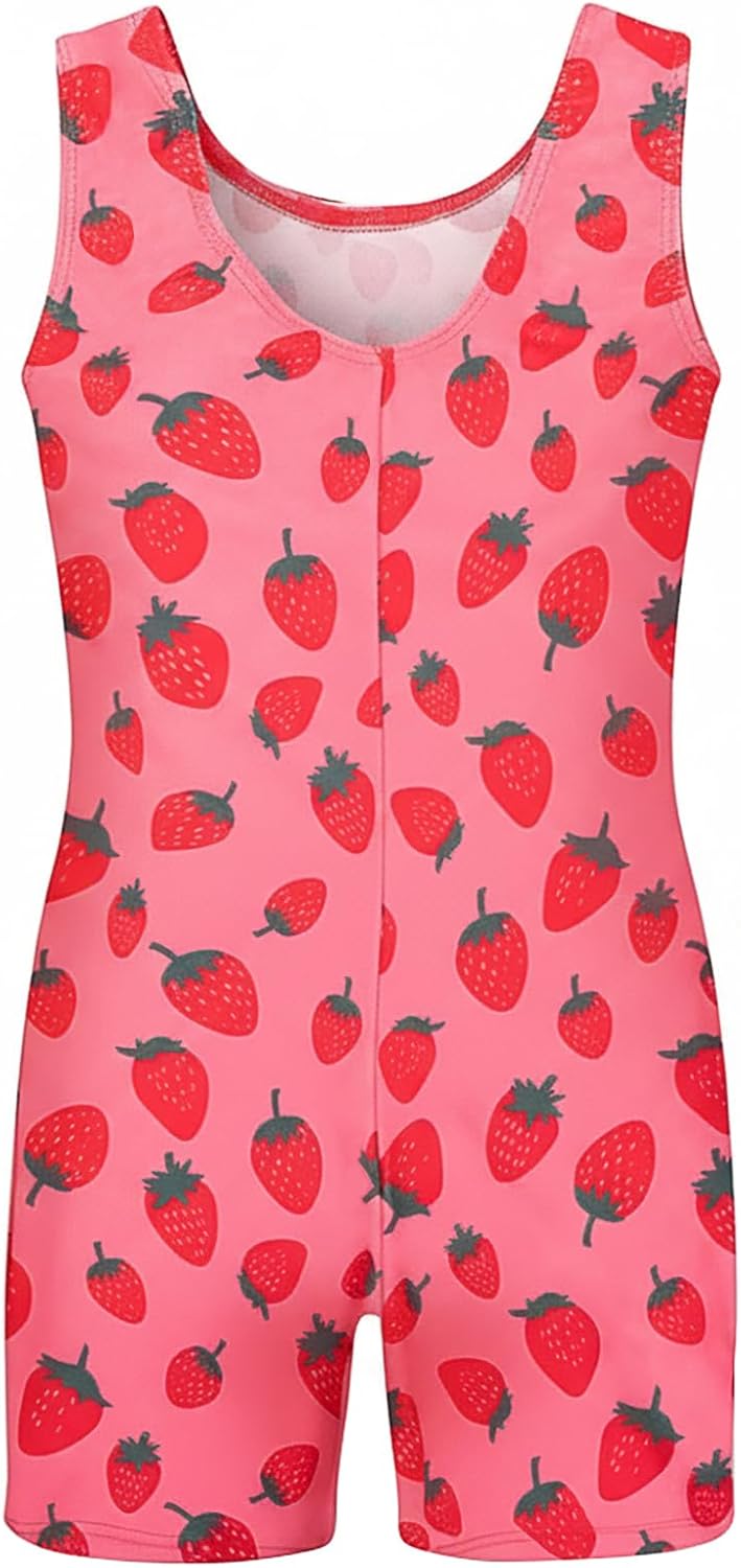 Destira Strawberry Fields Gymnastics Unitards for Girls, Fun Red and Pink Biketard With Matching Scrunchie - Image 2