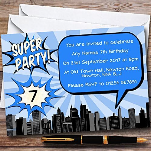 Blue Comic Superhero Personalized Childrens Birthday Party Invitations