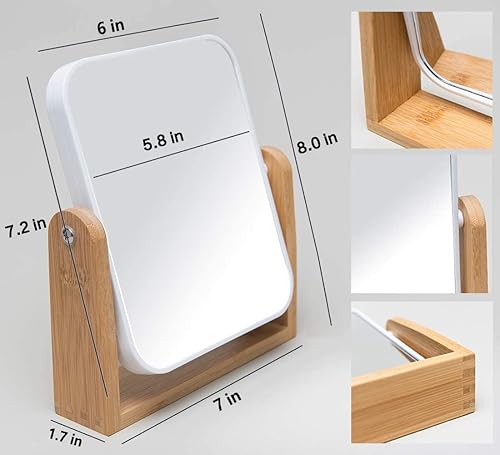Miniatura 10 de Espejo Yeake de maquillaje, con soporte de bambú natural, 8 pulgadas, aumento de 1X3X, doble cara, 360 grados, giratorio, portátil, para mesa,