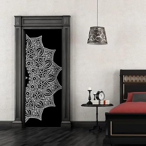 Pegatinas 3D para Puertas de Interior Negro Flor Mandala Mural de Puerta Autoadhesivo, Extraíble, para Dormitorio, Sala de Estar, decoración del Hogar, 77 X 200 Cm