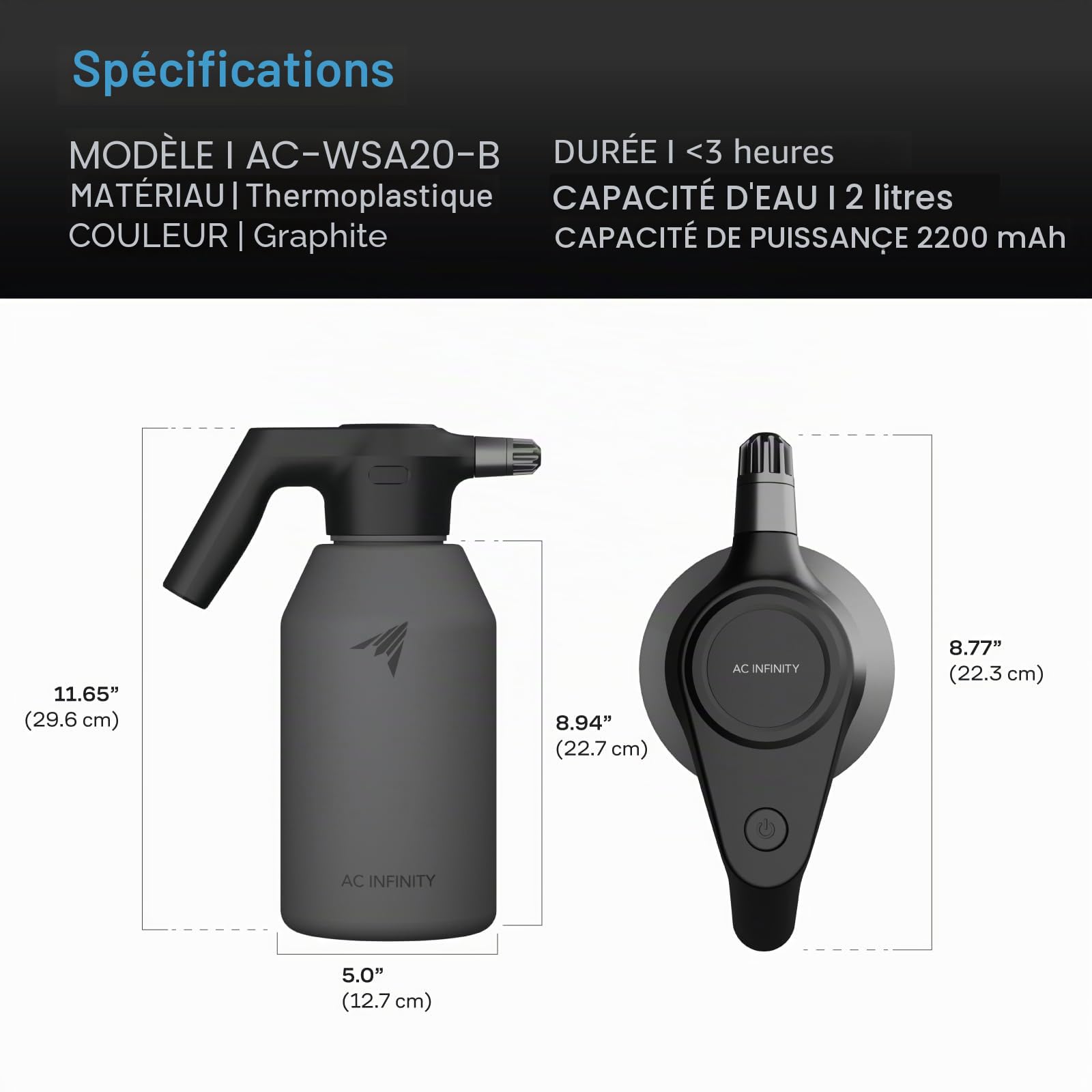 AC Infinity Pulvérisateur automatique, vaporisateur électrique portable de 2 L, graphite. | Rechargeable USB avec bec verseur réglable pour fertiliser les plantes jardinage et nettoyage