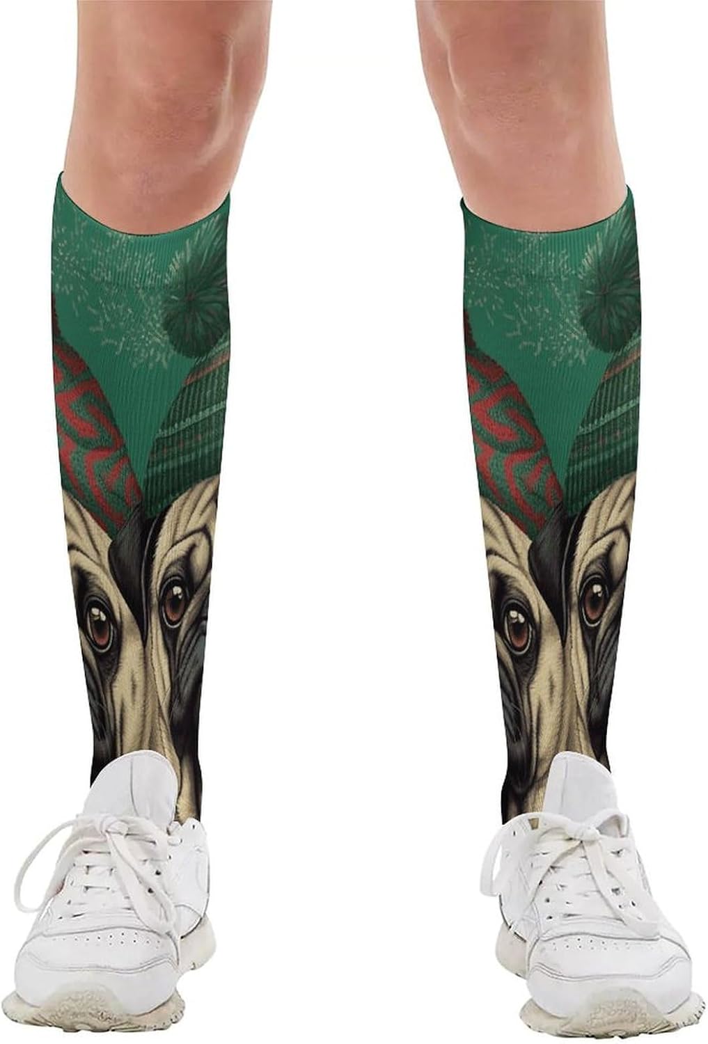 Knee High Socks Two Pugs Wearing Hats Long Tube Boot Seamless Toe