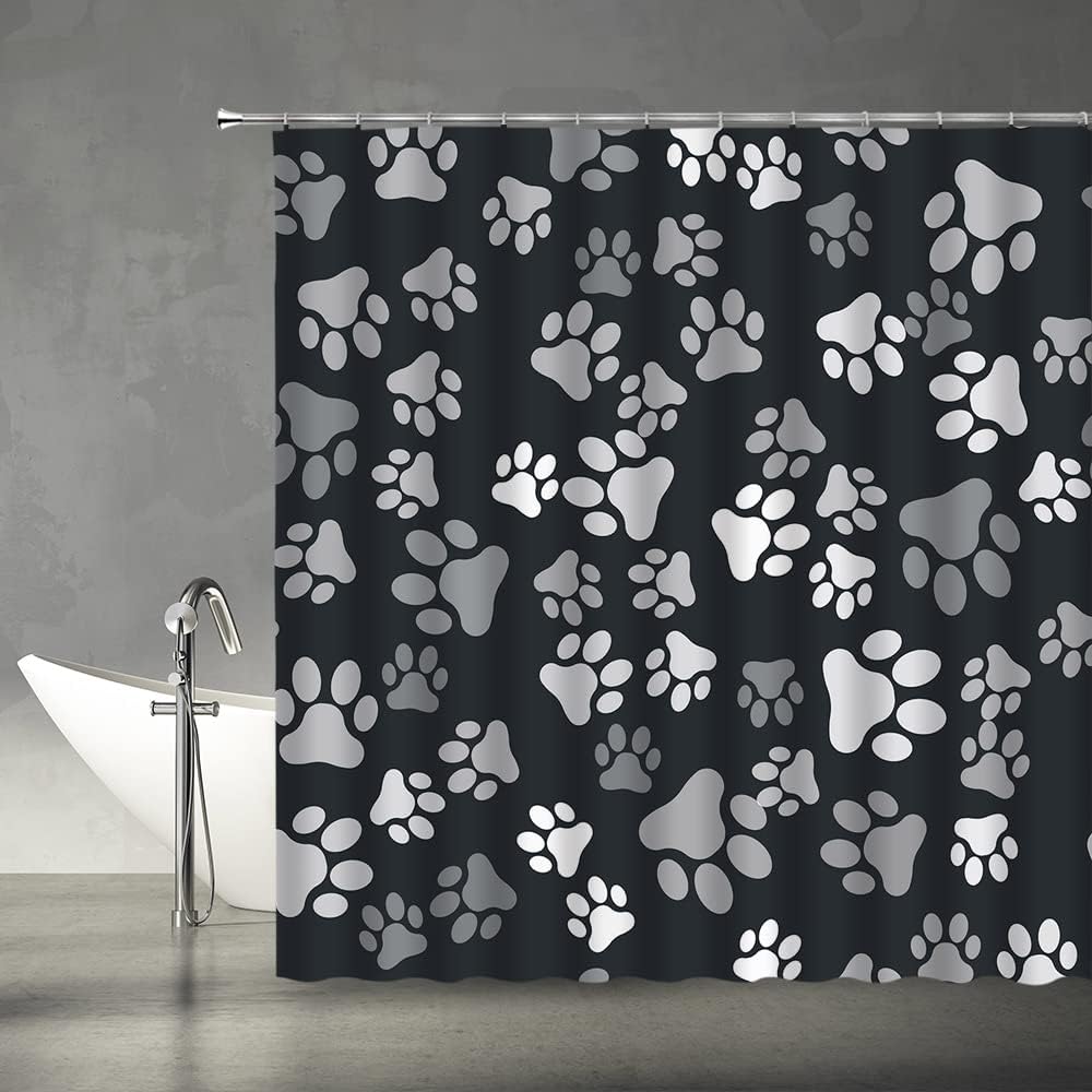 Dog & Cat Paw Print Shower Curtain, Modern Pet Paw Print, Black, White, Gray Animal Lover Creative Cute Bathroom Home Decor with Hook, (70" Wx78" H)
