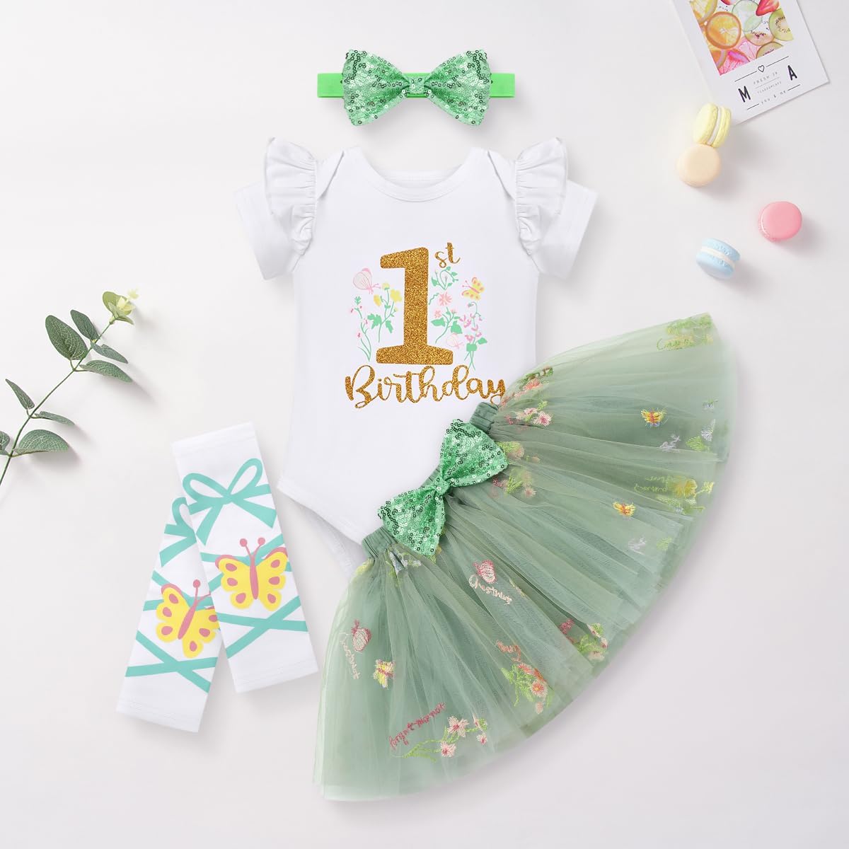 ODASDO Baby Girl First Birthday Cake Smash Outfit Romper Princess Tutu Skirt Leg Warmers Headband Set