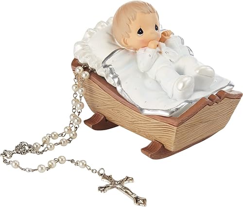 Precious Moments Caja de rosario de bautismo de bebé en cuna con rosario blanco - niño