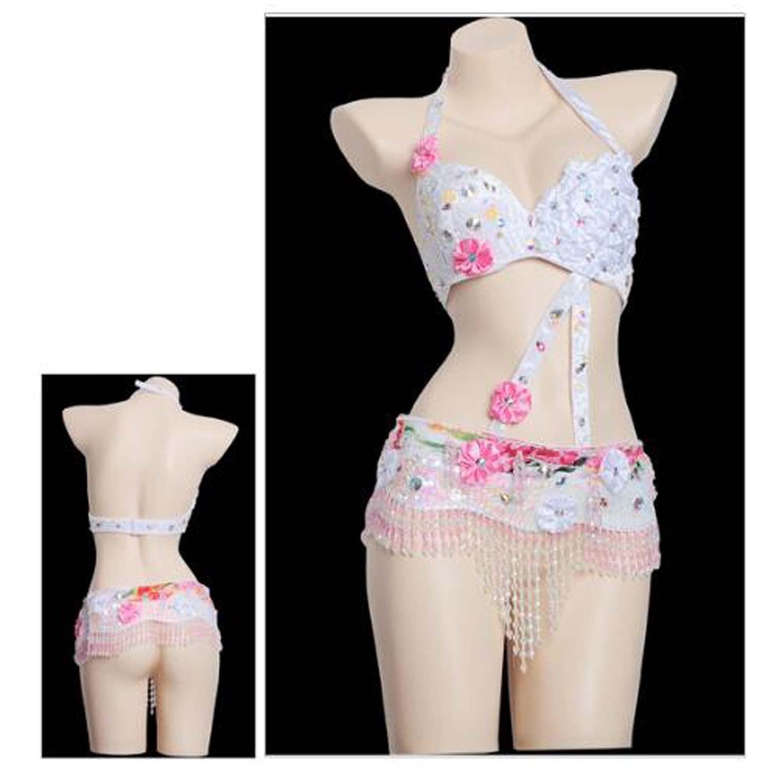 CHAGME Women's Belly Dance Costumes Beaded Carnival Halloween Dancing Outfits Belly Dance Bra Top and Fringe Belt 2 Pcs Set