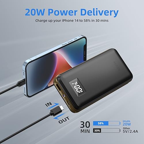 Miniatura 2 de imuto Banco de energía de 20000 mAh, cargador portátil de 22.5 W, USB C PD3.0+QC 4.0, batería externa de carga rápida, pantalla LED, compatible con