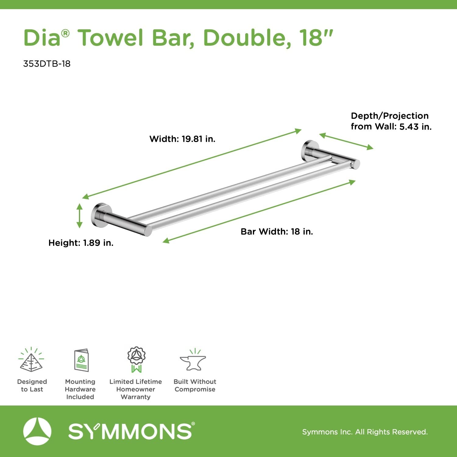 Symmons 353DTB-18 Toallero de Barra, 18 Pulgadas, Doble Symmons