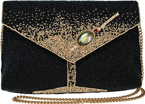 Mary Frances Olive You Beaded Crossbody Clutch – Martini Glass Motif Evening Bag with Gem Accent, Black