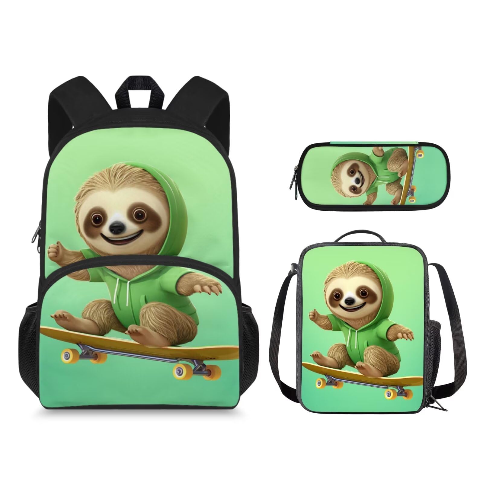 ELEDIZI Skateboard Sloth Backpack for Boys Kids Backpack with Lunch Box and Big Capacity Pencil Case 3 Pcs Set 15" Lightweight Bookbag with Front