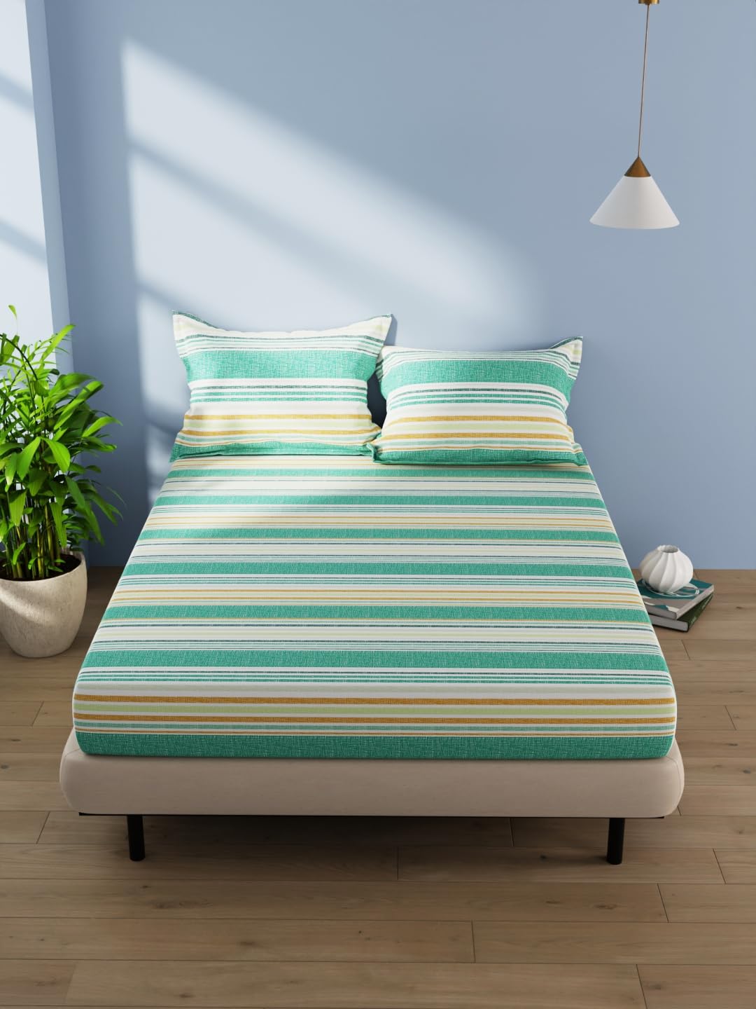 BIANCA Cotton Double Bedsheet with 2 Pillow Covers -3pc Set (Serina) | 100% Soft Natural Cotton | 1 Double Bedsheet with 2 King Size Pillow Covers Stripe-Green/Multi (B0CGDDVVDG) Amazon Price History, Amazon Price Tracker