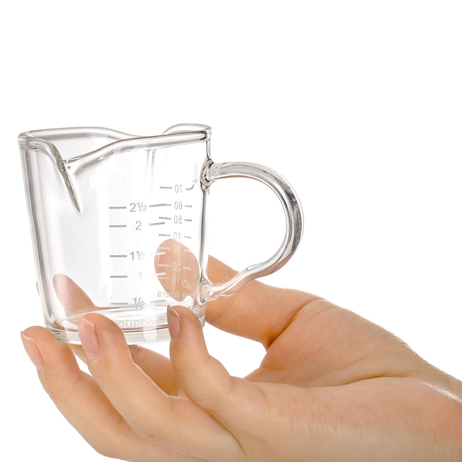 Hacaroa 4 Stück Doppelausgießer Messbecher Espresso Shot Glas mit Griff, 70 ml Mini Milch Triple Pitcher Barista Transparente graduierte Tassen für Kaffee, Wein, Bar, Party