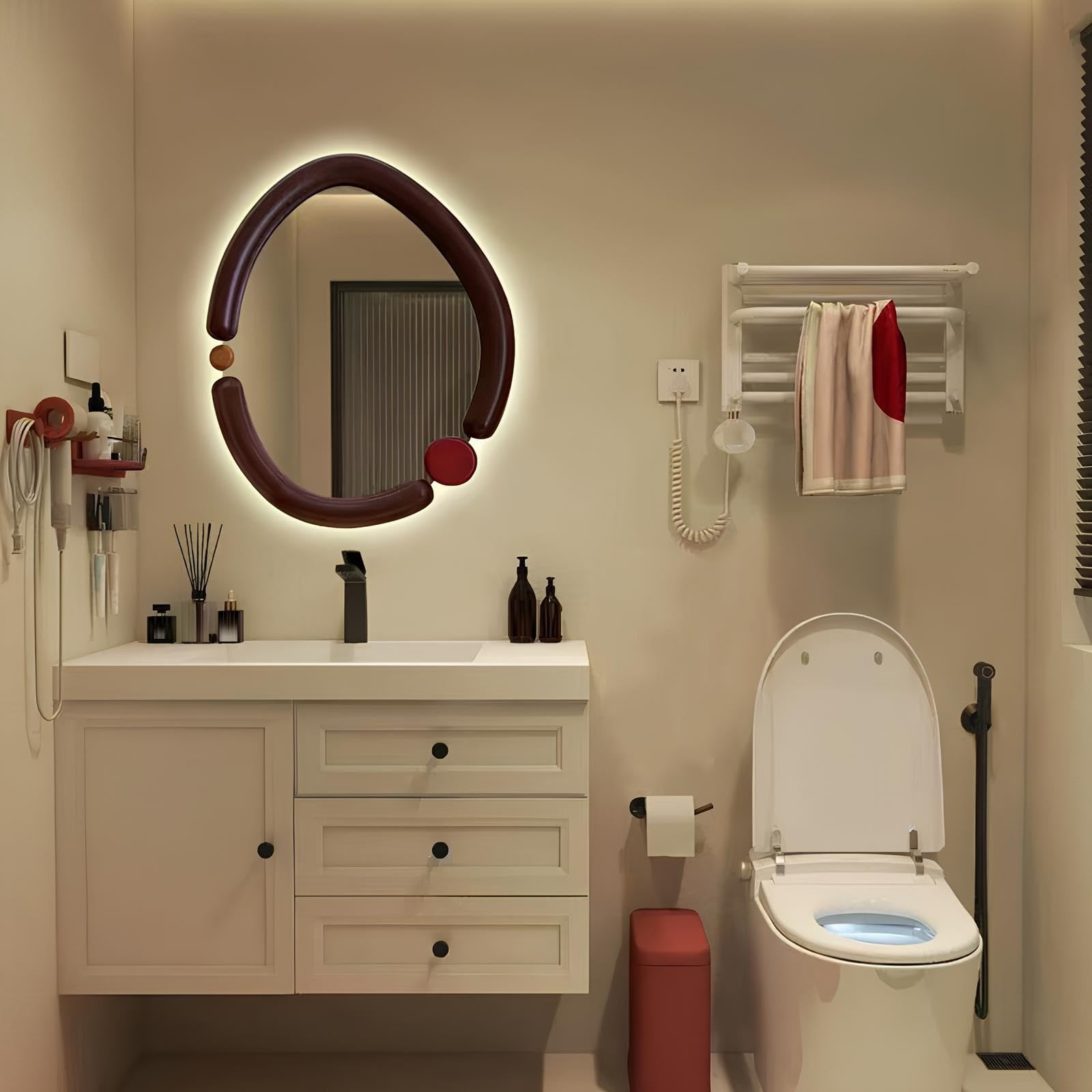 FGXHHS LED Irregular Mirror for Bathroom with Backlit, Dimmable, 3 Colors Asymmetrical Vanity Mirror, Anti-Fog, Shatter-Proof Tempered Glass(Walnut,60x80cm/23.6x31.5in)