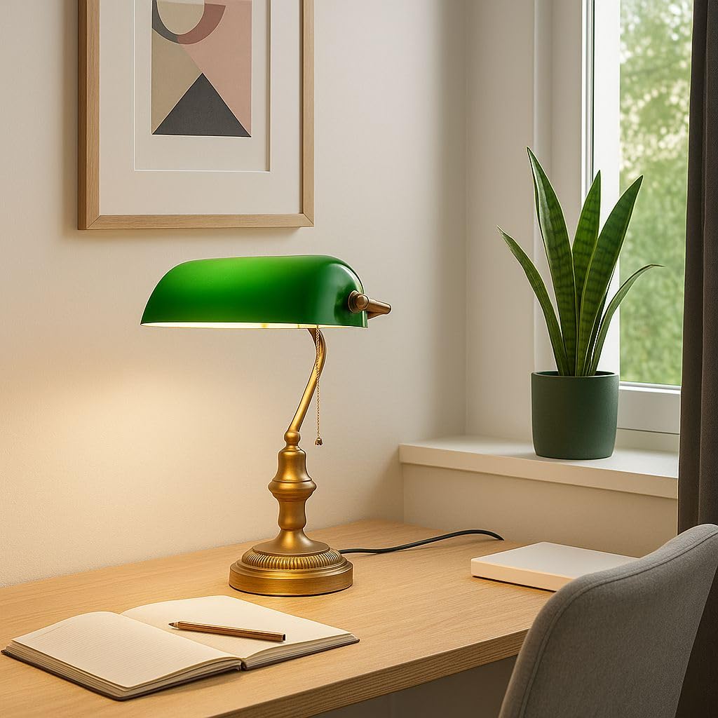 BARCELONA LED Lampe Banquier Vintage E27 Abat-Jour Verre Vert Orientable, Lampe Bureau Rétro Métal Laiton Vieilli Interrupteur Chaîne