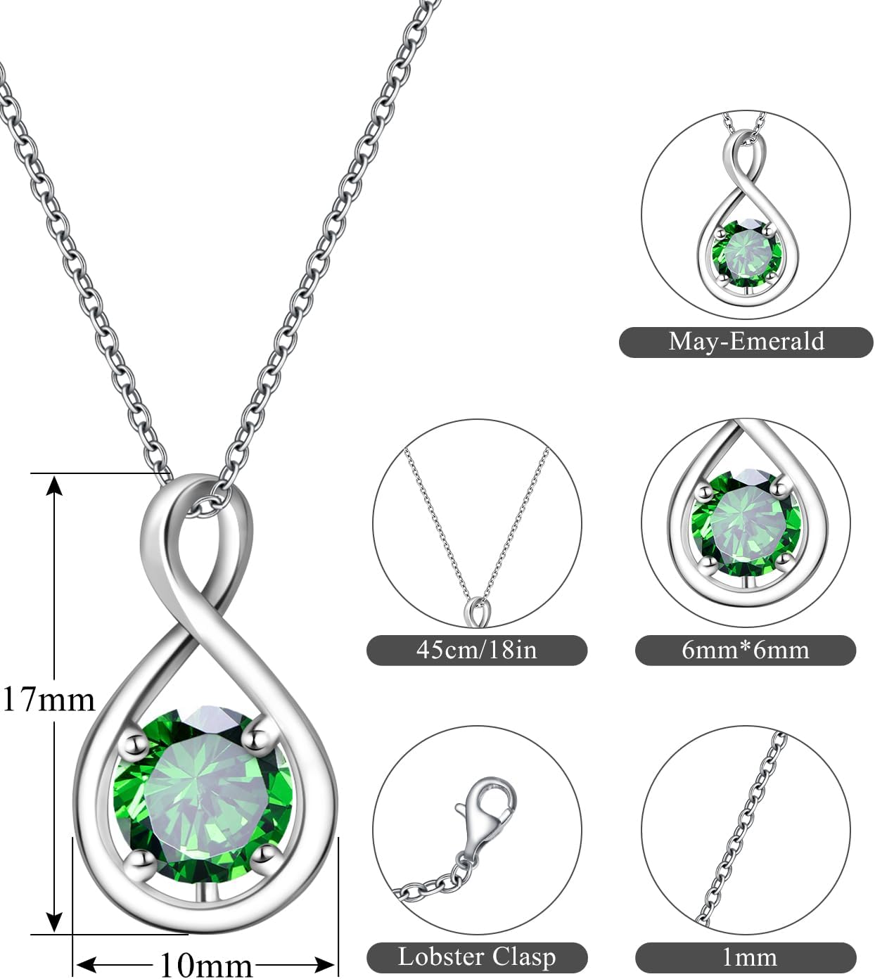 Infinity Birthstone Necklace for Women, 925 Sterling Silver Birthday Stone Pendant with Titanium Steel Chain 18", Women's Jewelry Gift for Birthday or Special Occasions - Image 2