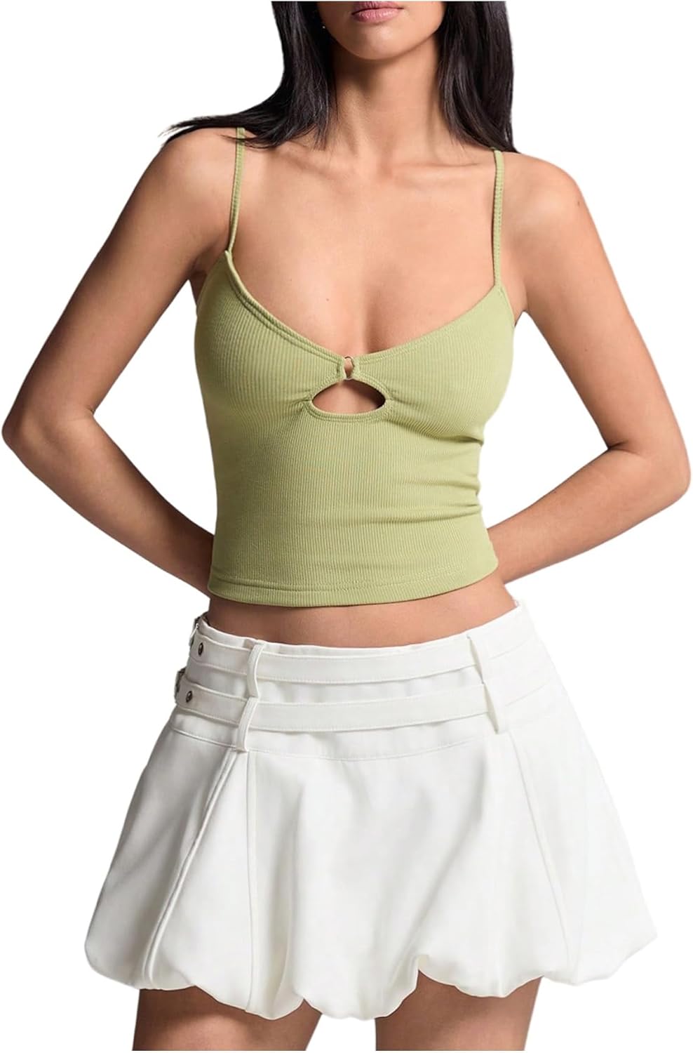 MakeMeChic Women's Cut Out Camisole Spaghetti Strap Ring Metal Buckle Cropped Top Slim Fit Cami Tops