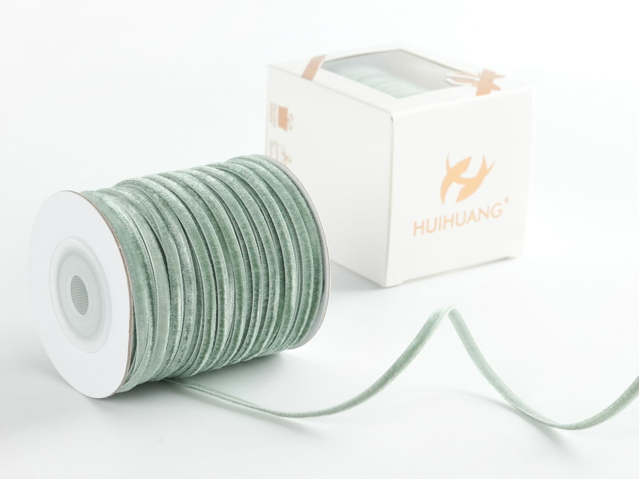 HUIHUANG Dusty Green Velvet Ribbon - 1/8 inch x 50 Yards, Single Face, Vintage Green for Gift Wrapping, Christmas Ornaments, Wedding Invitations, DIY
