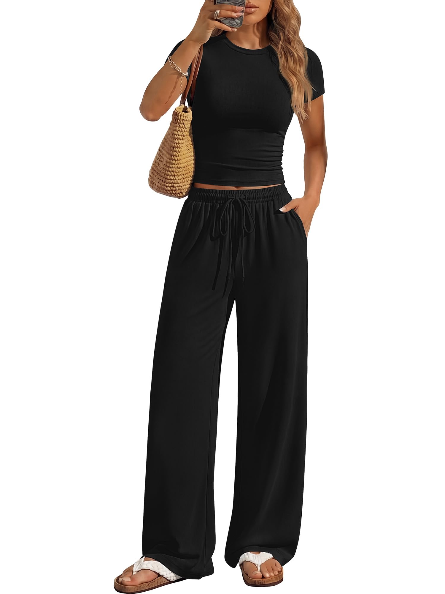 anrabess Women's 2 Piece Summer Matching Lounge Sets Wide Leg Pants Ruched Crop Tops Sweatsuits Sets Spring Travel Clothes-picture-39
