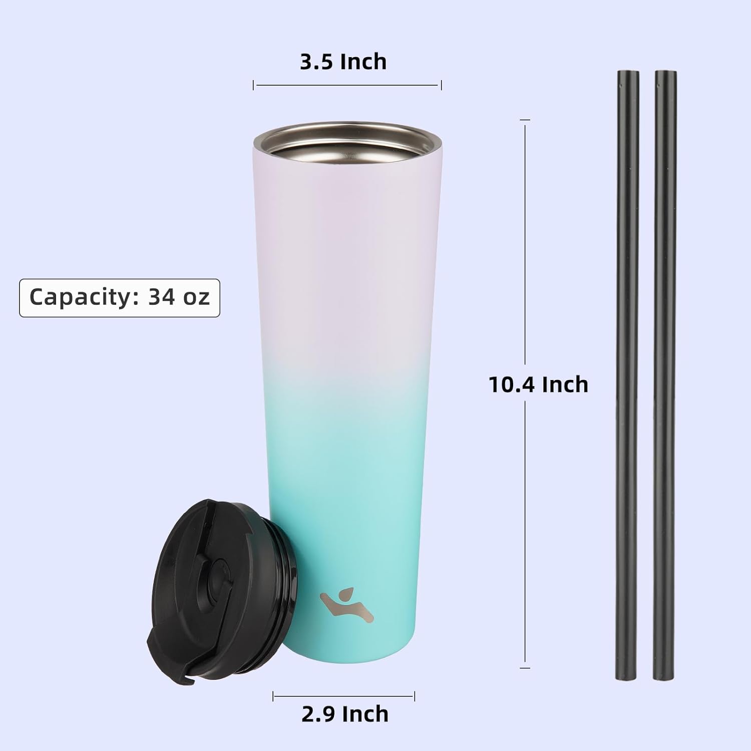 34 OZ Insulated Tumbler with Lid and 2 Straws Stainless Steel Water Bottle Vacuum Travel Mug Coffee Cup,Lavender Green - Image 2