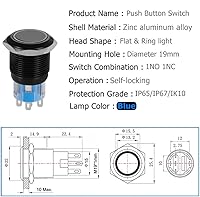 Vista 2 de Interruptor de botón de enclavamiento de 0.748 pulgadas, interruptor SPDT de encendido/apagado, impermeable, de metal negro, anillo LED de 12V