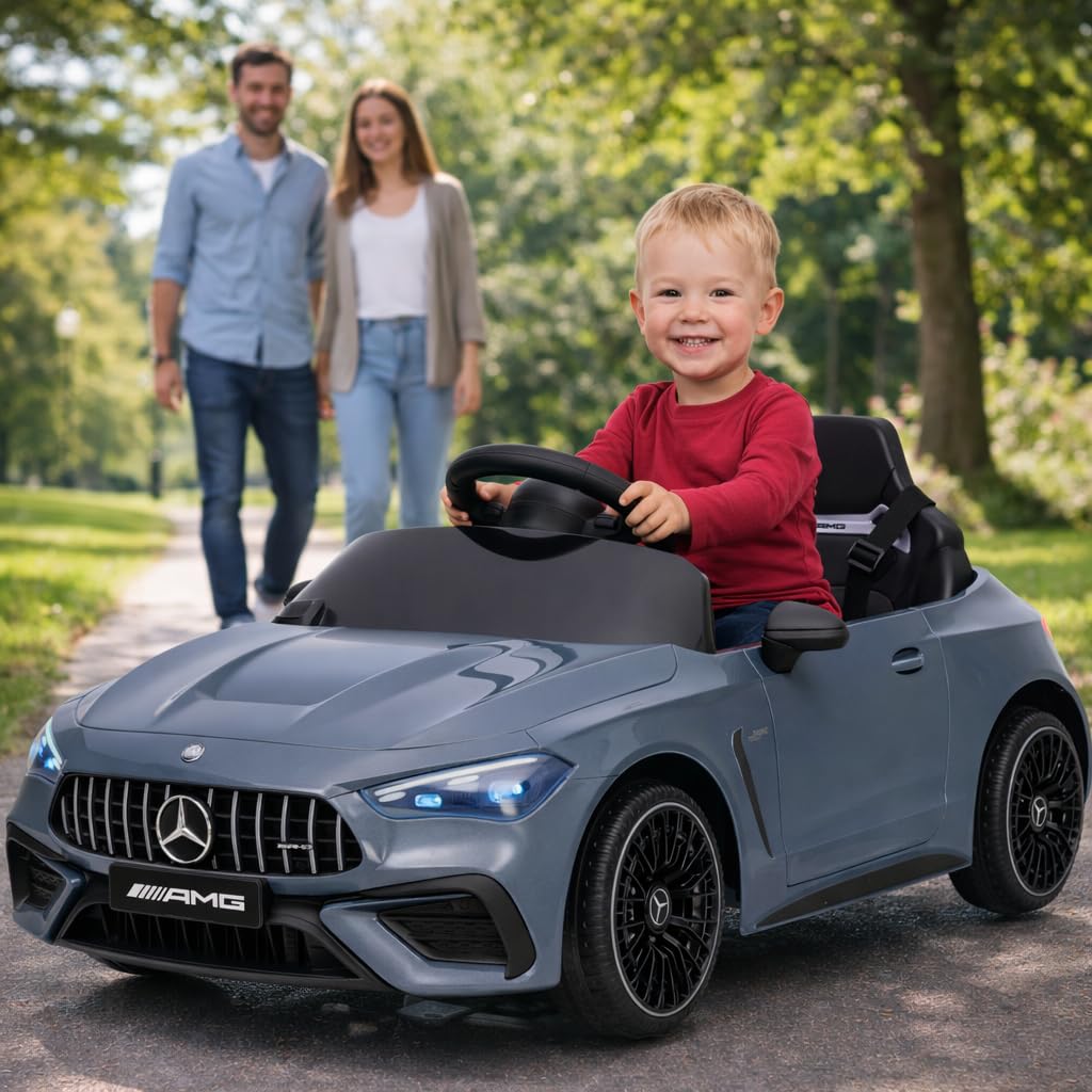 FINOOS Kinder Elektroauto 12V mit Fernbedienung – Mercedes CLE53 - AMG - Elektrofahrzeug - 2 türig - MP3 - Hupe - LED Leuchten - Bluetooth (Grau)