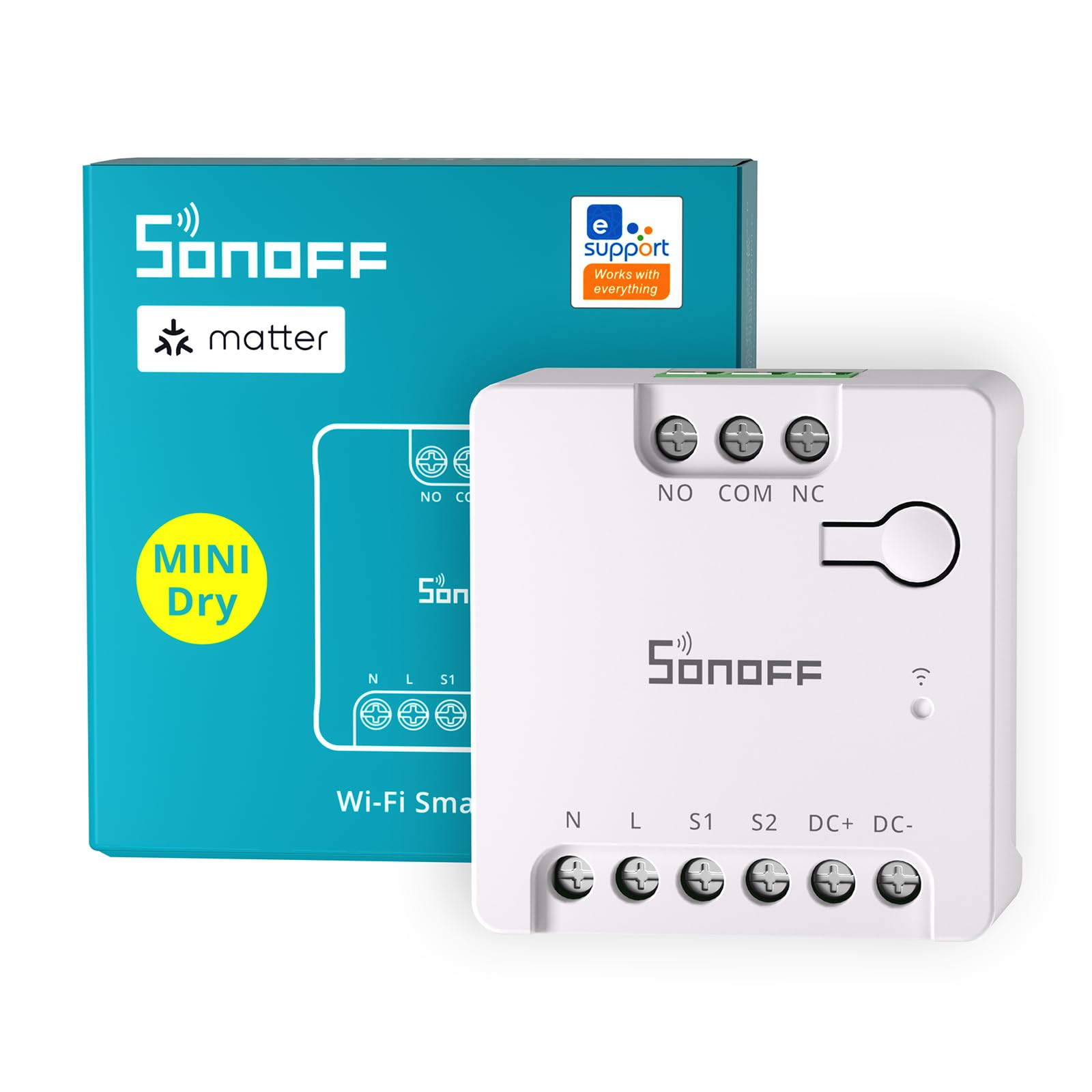 SONOFF SONOFF MINI-D Matter Interruptor Inteligente para Puerta de Garaje, Conmutador con Contacto Seco, Soporte para Entrada CC (12-48V) Carga Máxima 8W, Compatible con Alexa y Google Home
